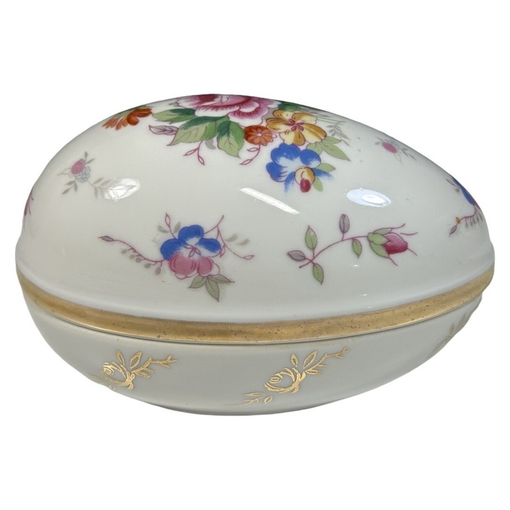 Vintage Porcelain Egg Shaped Trinket Box Candy Dish Floral Gold Trim - Picture 2 of 11